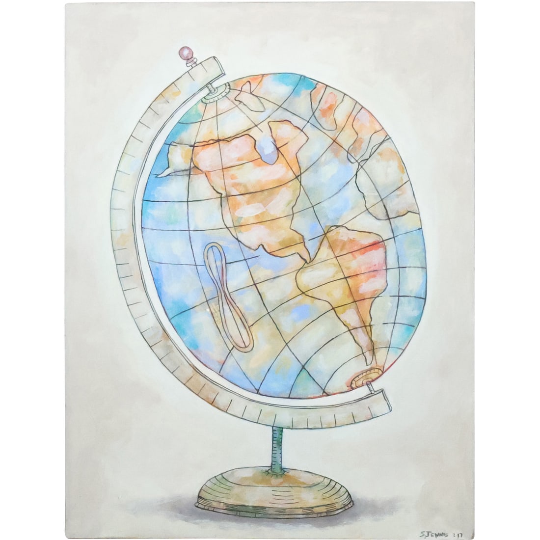 Steven Jennis, American, Oil on Board Painting Library World Globe on Axis Base (1 of 20)
