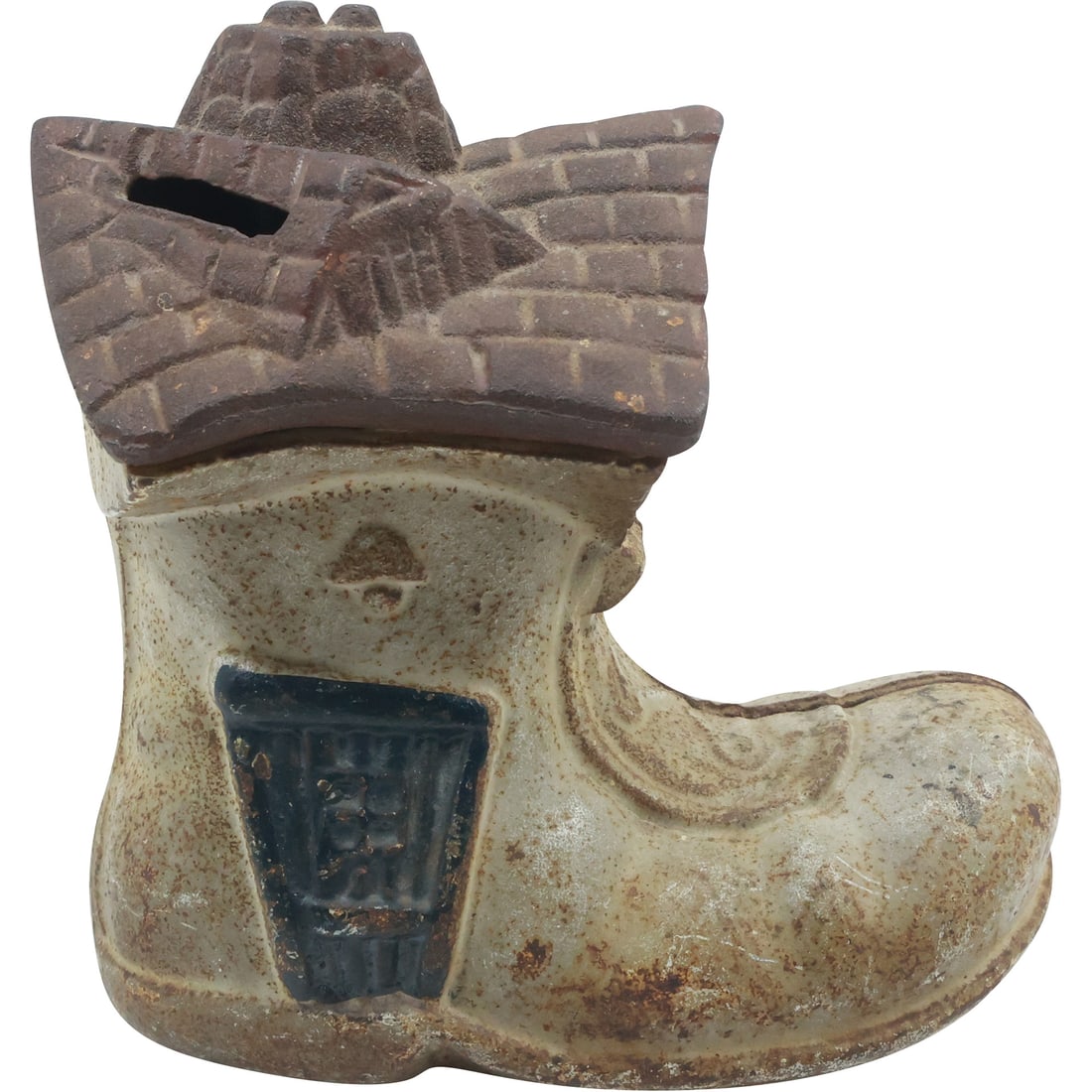 Vintage Cast Iron Nursey Rhyme Little Old Lady Who Lived In a Shoe Coin Bank: Cast Iron Nursey Rhyme Little Old Lady Who Lived In a Shoe Coin Bank size: 5.75 in. x 5.25 in.