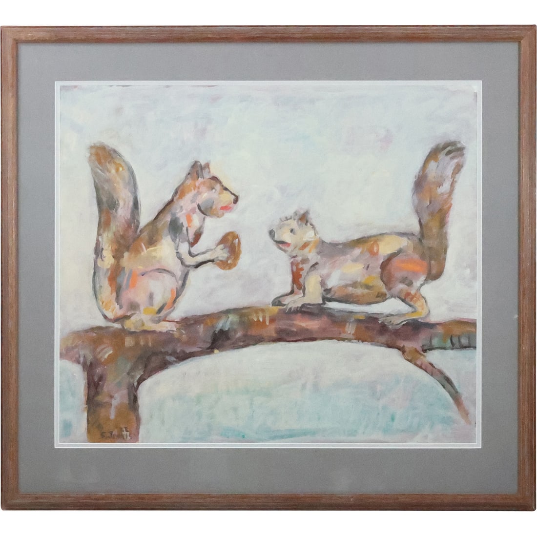 Steven Jennis, American, Oil on Board Painting, Squirrels on a Branch, Signed: Steven Jennis, American, Oil on Board Painting, Squirrels on a Branch, Signed. Provenance: acquired directly from the artist. size: 21.5 x 25.25 matte, 29.25 x 32.5 outside frame. SKart: Steven Jennis