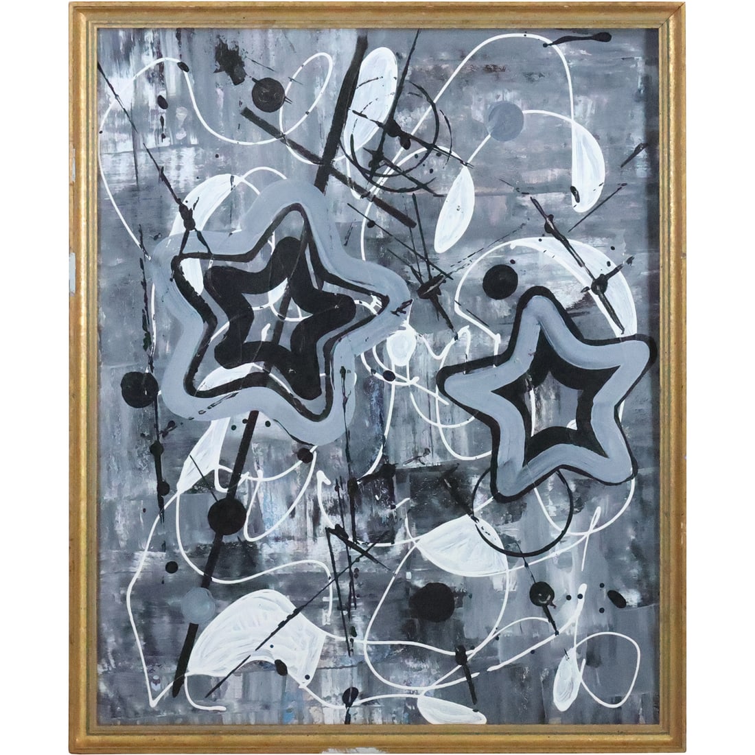Mid-Century Modern Oil on Board Painting Abstract with Stars, Framed (1 of 20)