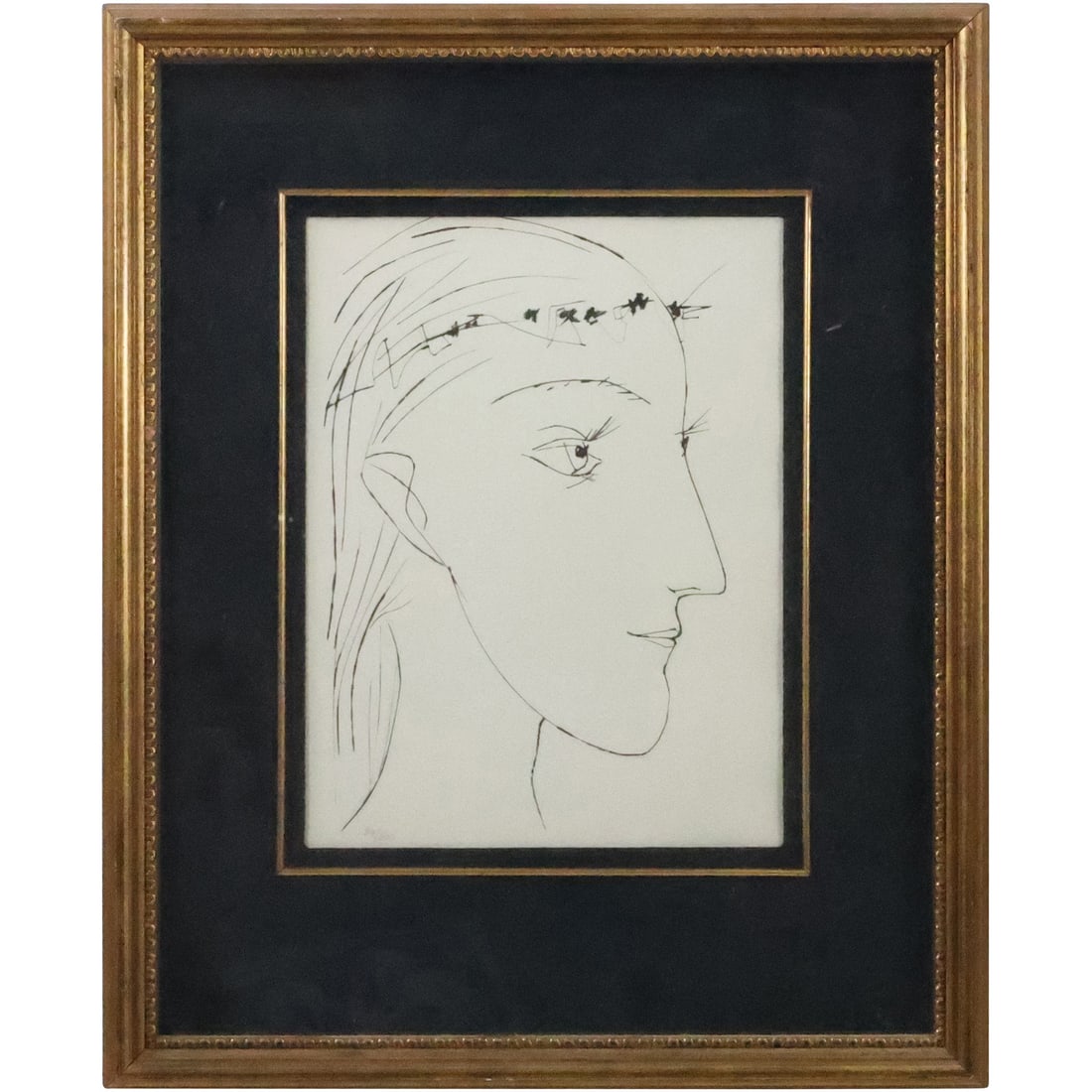 Pablo Picasso, Profile of a Young Woman Crowned with Flowers, Numbered 36/200: Pablo Picasso, Profile of a Young Woman Crowned with Flowers, Numbered 36/200. size: 13 x 9.5 matte, 22 x 18 outside frame