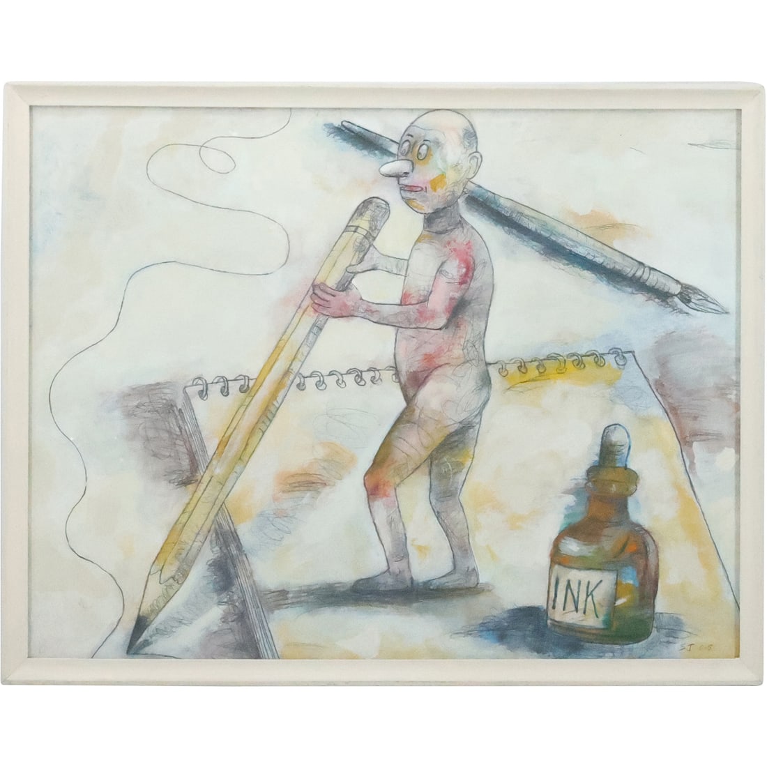 Steven Jennis, American, Mixed Media Painting, Ink Drawing Figure, Signed, Framed (1 of 20)