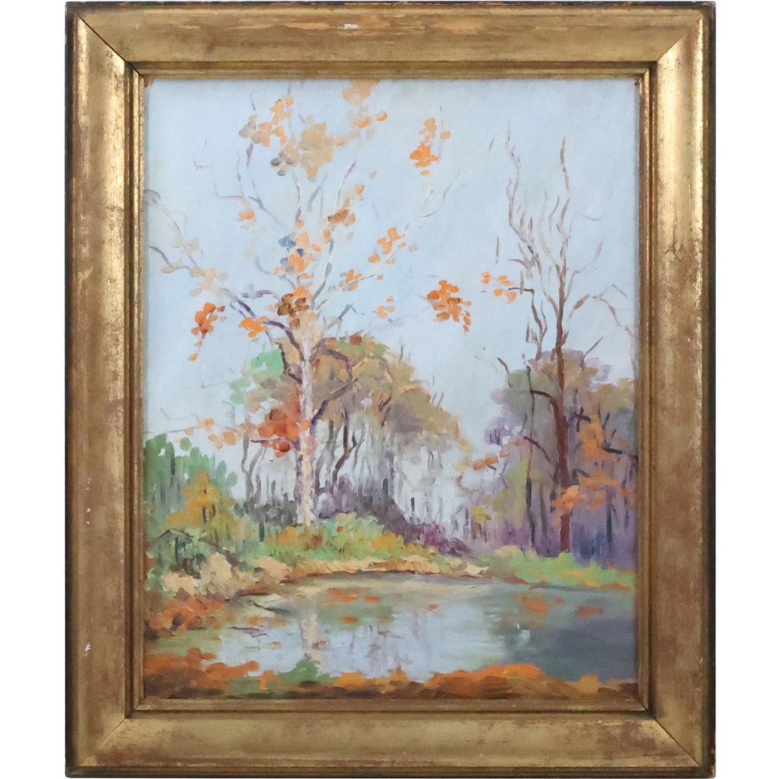 Vintage Oil on Board Impressionist Landscape with Pond, Framed: Vintage Oil on Board Impressionist Landscape with Pond, Framed. size: 16.5 x 13, 20 x 16.5 outside frame