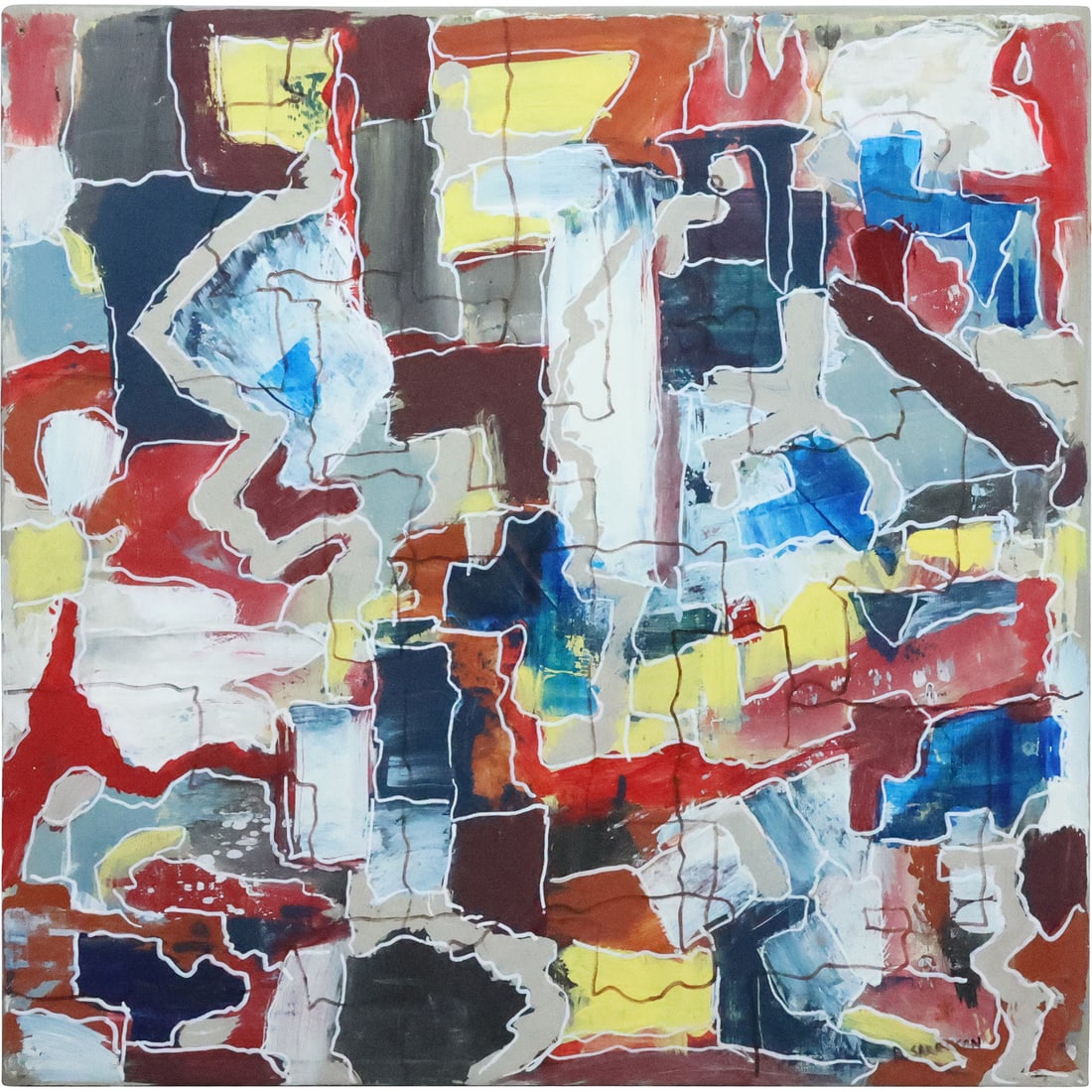 Dennis Sakelson, American, Oil on Canvas Painting Colorful Busy Abstract, Signed on Verso: Dennis Sakelson, American, Oil on Canvas Painting Colorful Busy Abstract, Signed on Verso. size: 20 in. x 20 in.