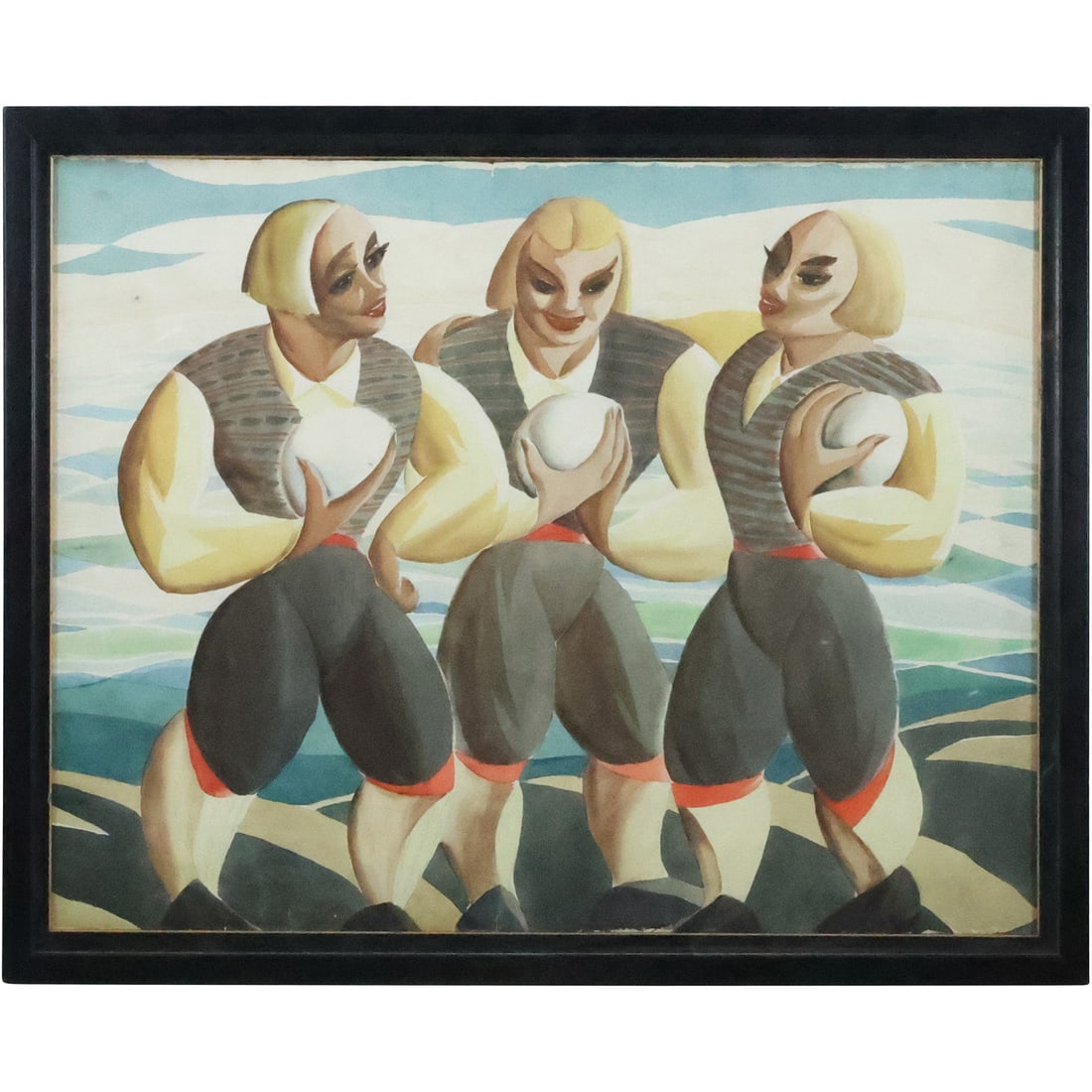 Oil on Board Painting, 3 Modernism Figures Holding White Eggs, Framed: Oil on Board Painting, 3 Modernism Figures Holding White Eggs, Framed. size: 22 x 28, 24.5 x 30.5 outside frame