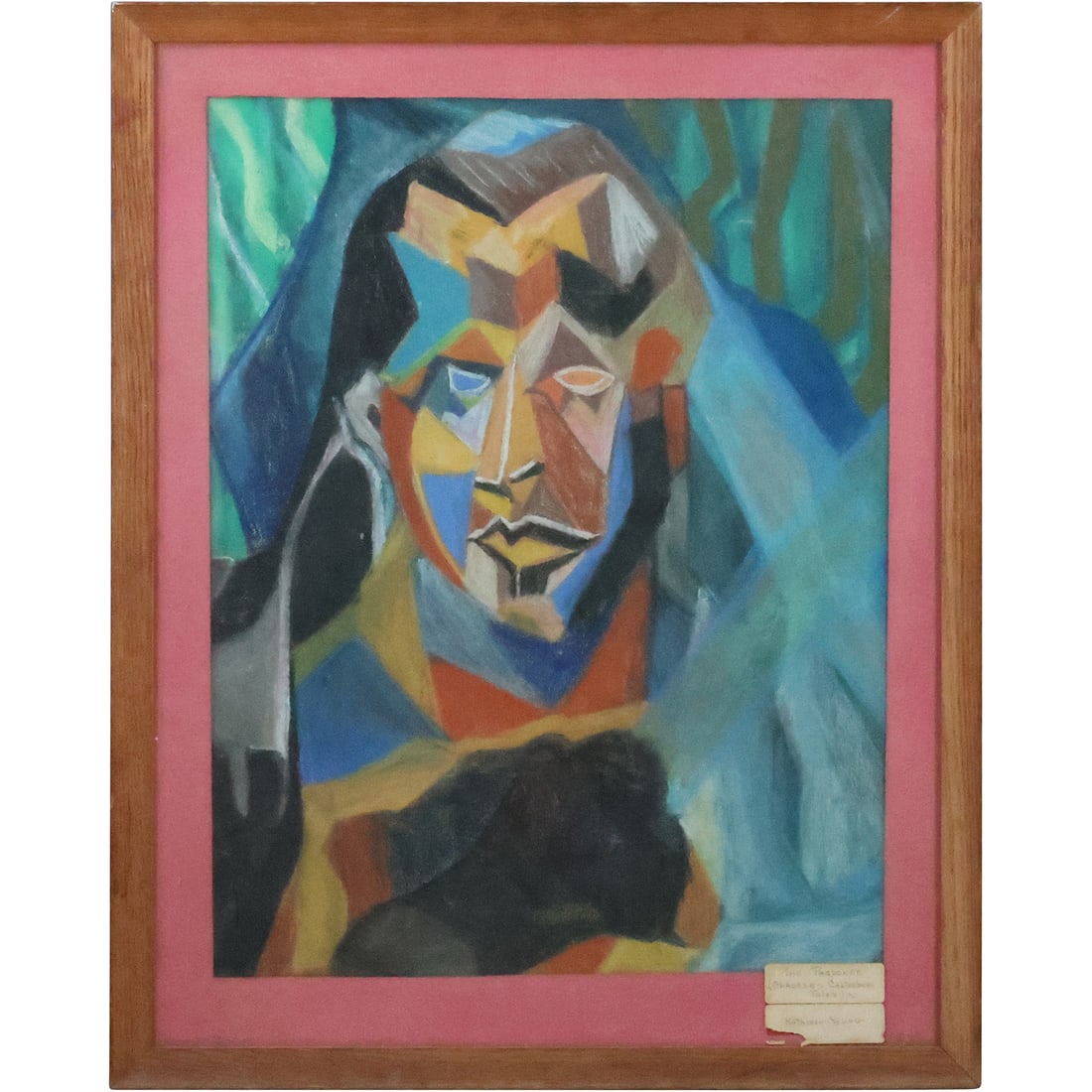 Vintage Pastel Painting by Kathleen Young, The Pardoner [Chaucer's Canterbury Tales, Cubism Portrait: Vintage Pastel Painting by Kathleen Young, The Pardoner [Chaucer's Canterbury Tales, Cubism Portrait. size: 22 x 17 matte, 27.25 x 21.75 outside frame