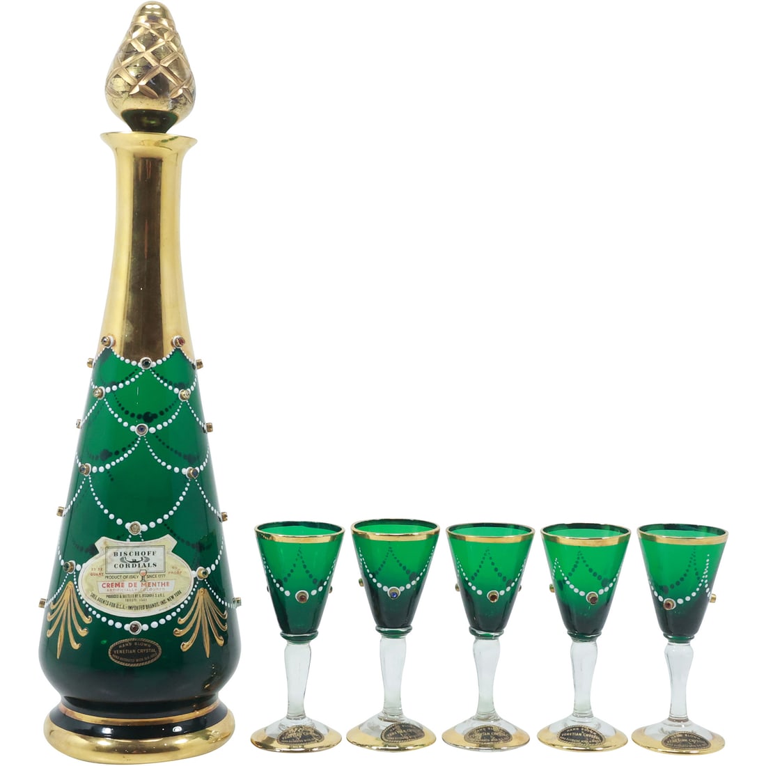 Hand Blown Venetian Crystal Bischoff Jeweled Decanter with 5 Matching Cordials: Hand Blown Venetian Crystal Bischoff Jeweled Decanter with 5 Matching Cordials, Green with Gold Accent. size: 14 in. x 3.75 in. (container), 4 in. x 1.75 in. (cups)