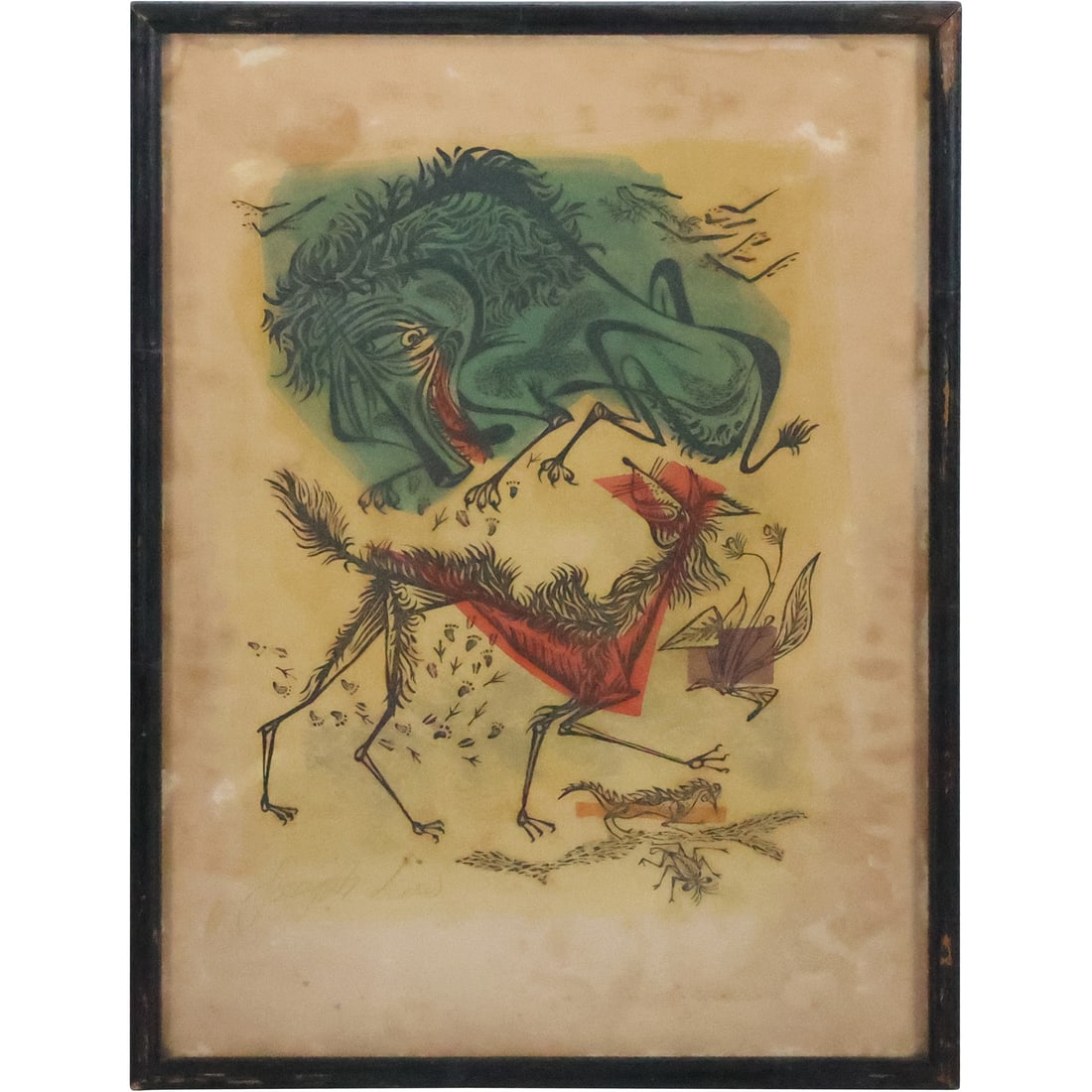 Joseph Low (American, 1911-2007). "A Fox and a Sick Lion". Original Color Woodcut, Pencil Signed (1 of 20)