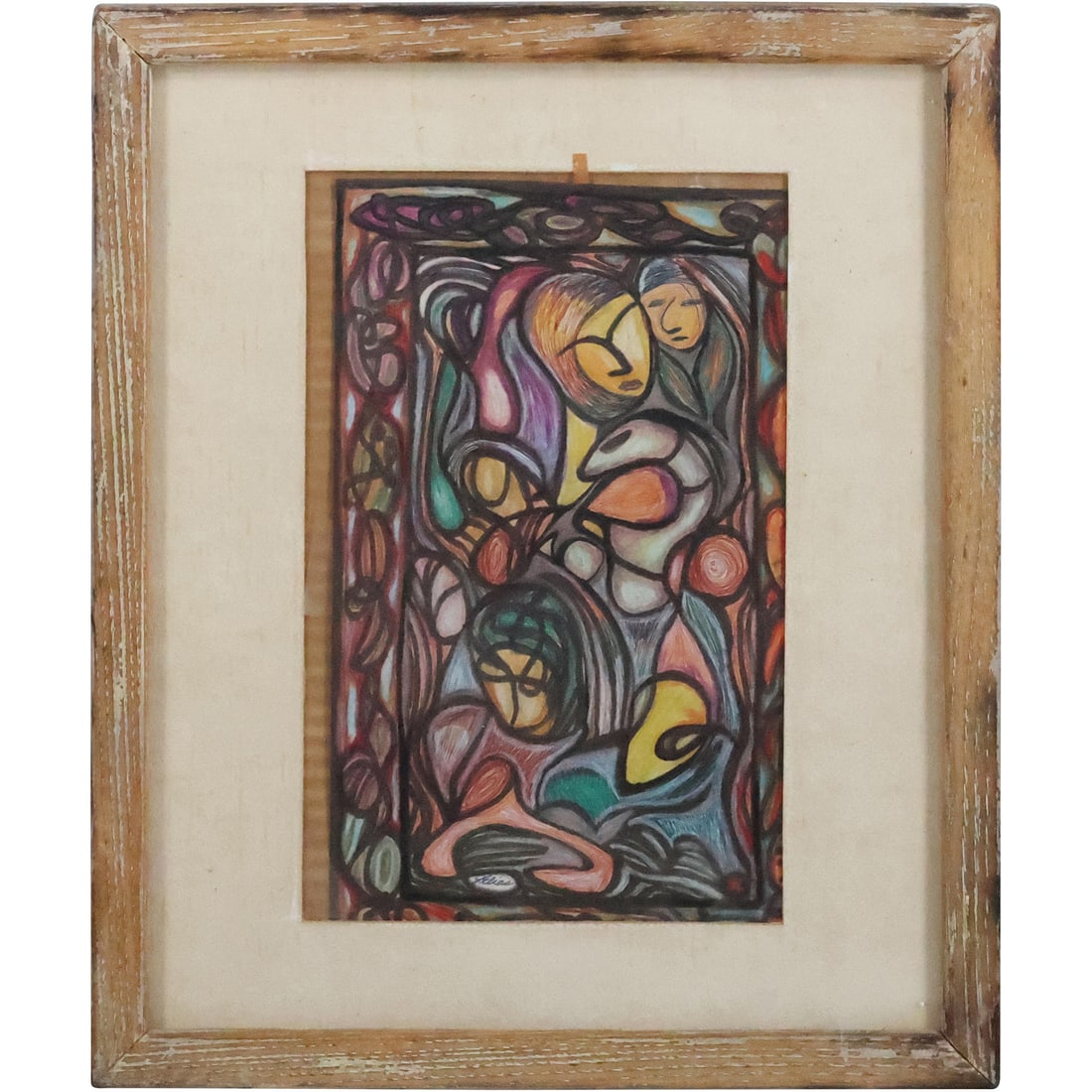 Gabriela Elias, Mexico, Mixed Media Painting Abstract with Figures, Signed, Framed (1 of 15)