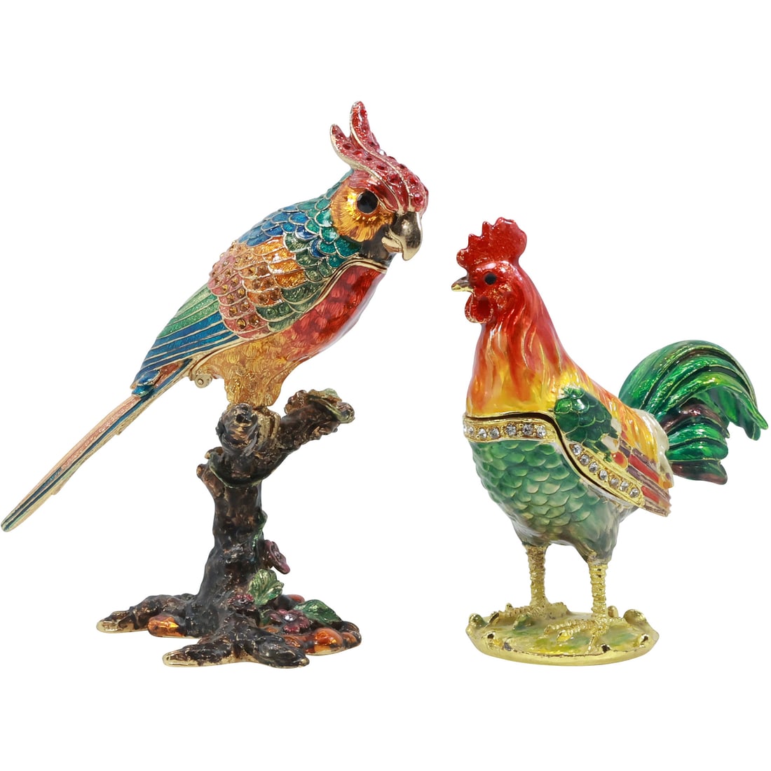 [2] Quality Jeweled Rooster and Parrot Hinged Trinket Boxes 4.75 in. & 3.75 in. heights: Jeweled Rooster and Parrot Hinged Trinket Boxes size: 4.75x3.5, 3.75x3.5