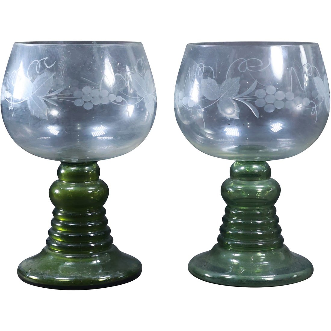 2 German Zweisels Glass Chalices with Green Bases, Etched Clear Crystal Tops: 2 German Zweisels Glass Chalices with Green Bases, Etched Clear Crystal Tops. size: