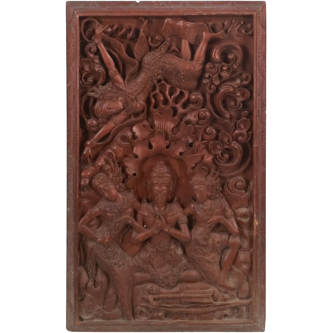 Hand Carved Wood Plaque Mid-Eastern Hindu Buddhist Figures 24 in. x 14 in.: Hand Carved Wood Plaque Mid-Eastern Hindu Buddhist Figures 24 in. x 14 in. , signed on verso: O LEH, W. MARDA. size: 24x14