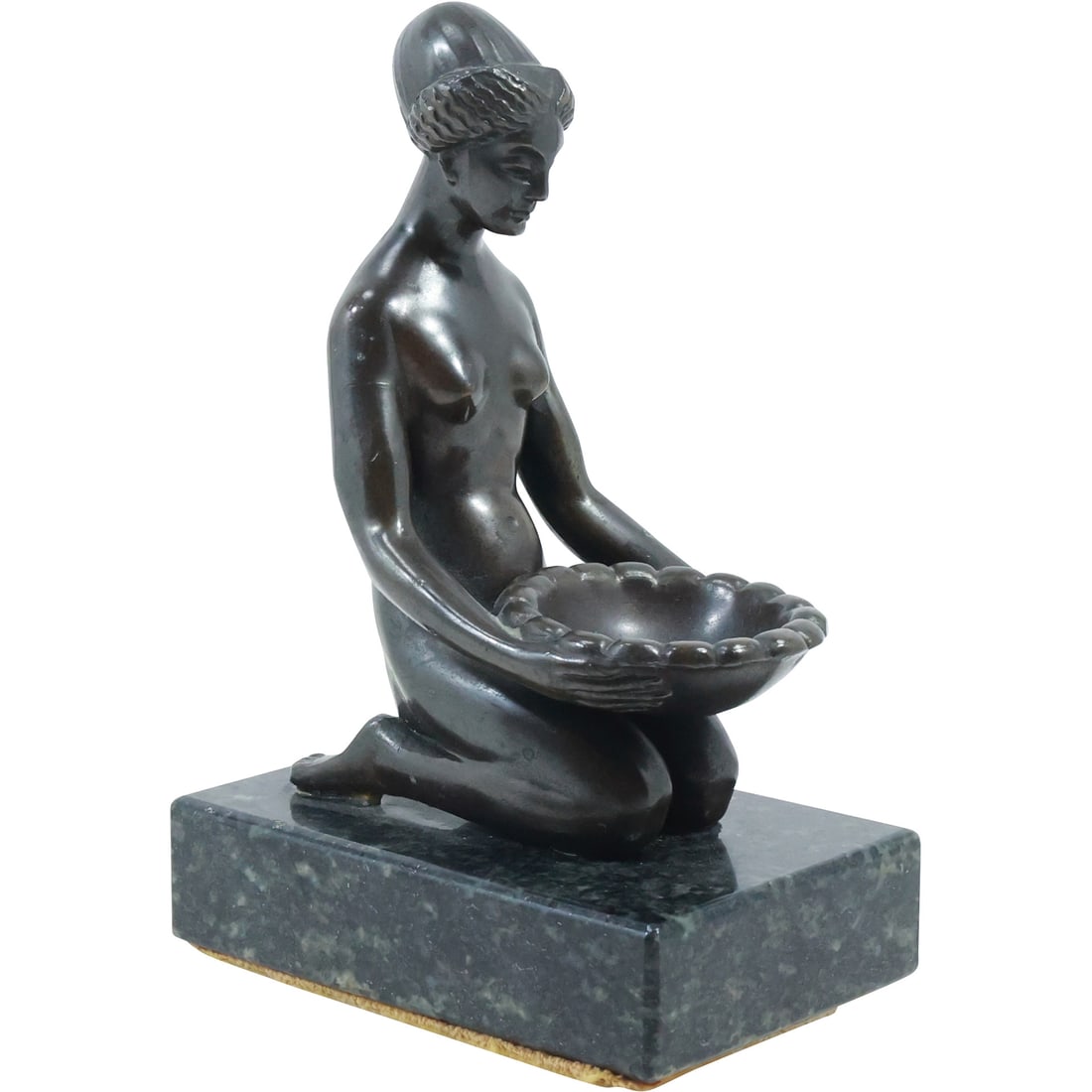 Bronze Kneeling Woman Holding Offering Bowl / Rings Holder Mounted on Marble Base, Good Patina (1 of 20)