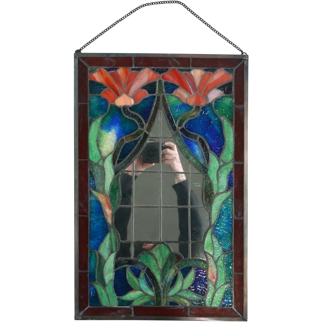 Tiffany Style Stained Glass Hanging Window Panel Mirror Iris Flowers 21.25 in. x 13.5 in. (1 of 19)