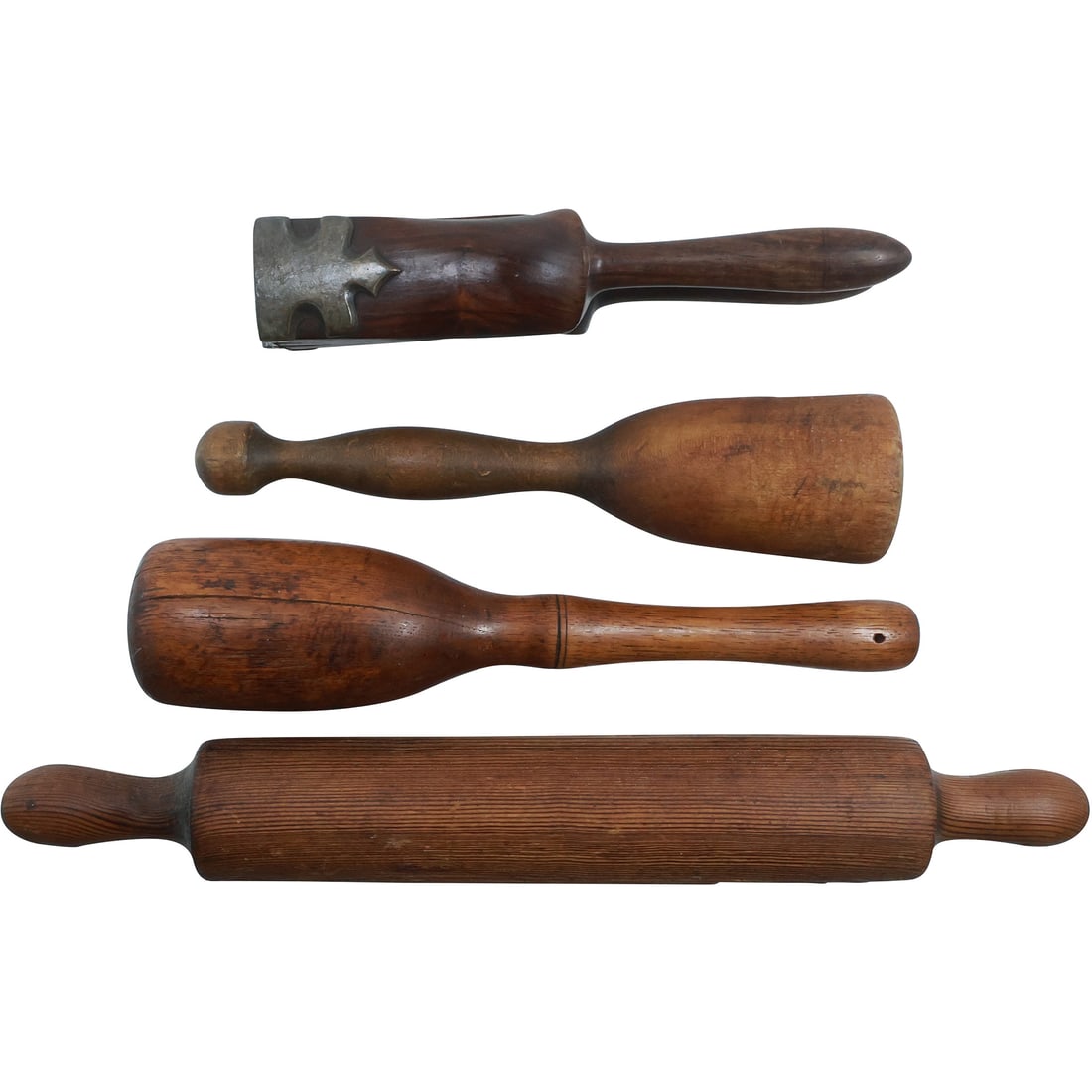 4 Pieces Antique Wooden Kitchenware: 3 Wood Mashers and 1 Wood Rolling Pin (1 of 17)