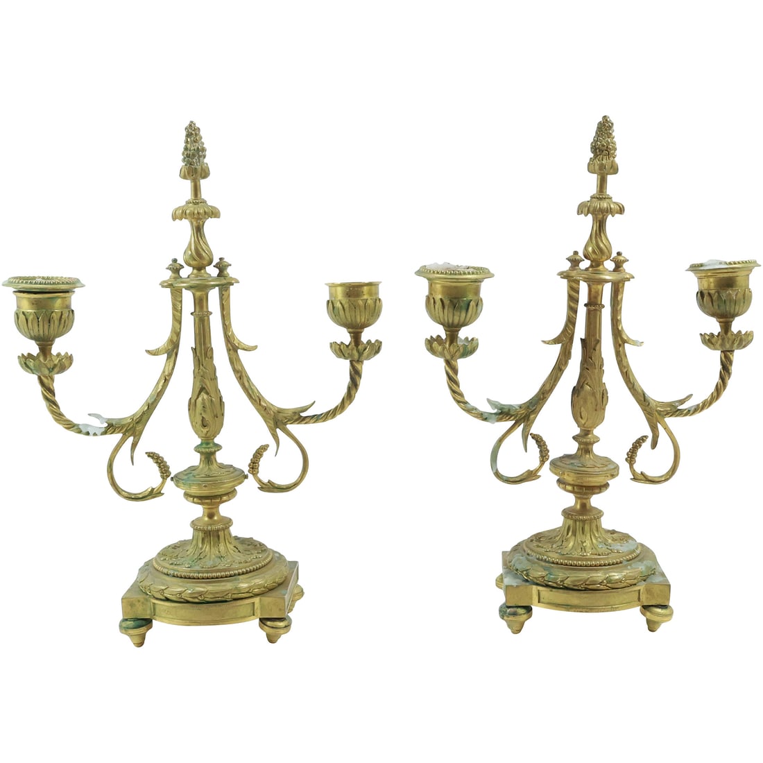 Pair Bronze 19th C. French Empire / Neo Classical Double Light Candelabras 10.75 in. height (1 of 20)
