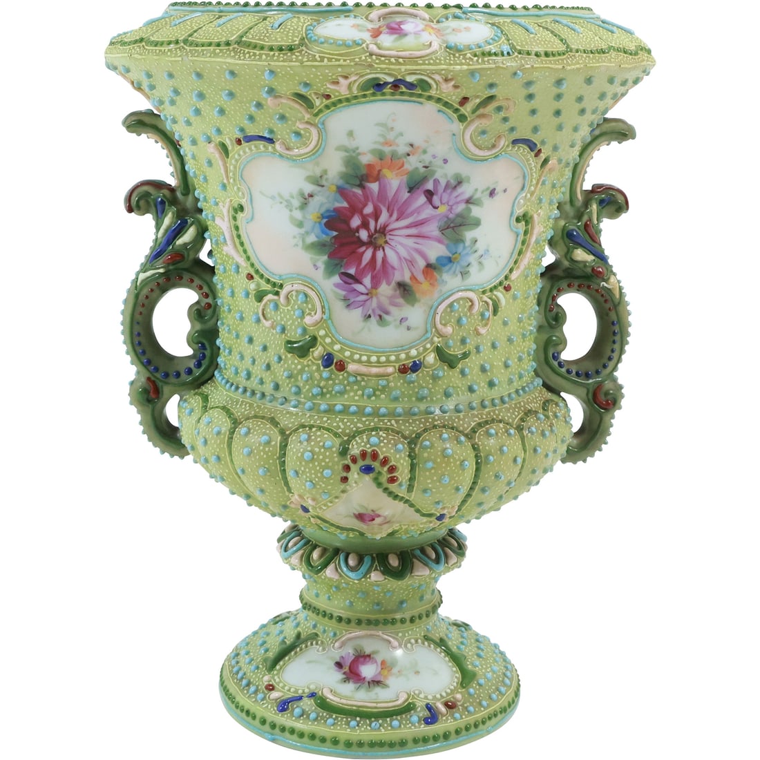 Nippon Style Moriage Loving Cup / Urn Vase with Flowers Rose and Jewels 8.5 in. height x 6 in. wide (1 of 20)