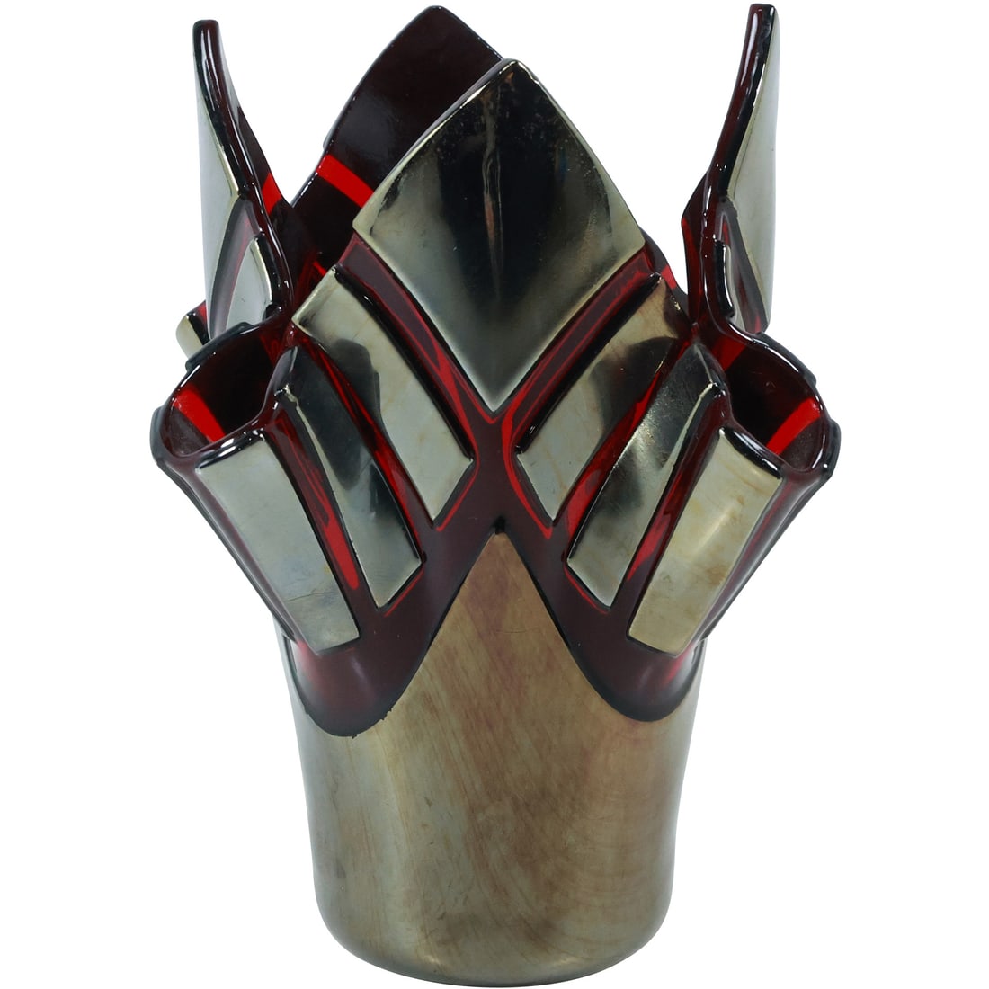 Unique Signed Studio Art Glass Handkerchief Vase Silver Patina Over Red Glass 7 in. height: Unique Signed Studio Art Glass Handkerchief Vase Silver Patina Over Red Glass 7 in. height. size: 7 in. x 6 in.