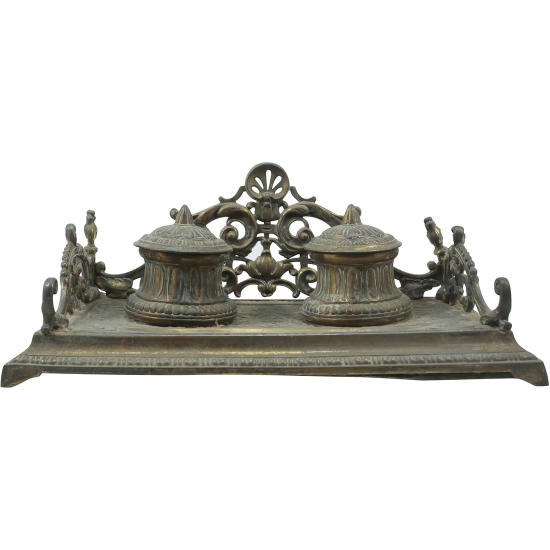 Victorian Bronze Desktop Double Inkwell with Cobalt Blue Glass Wells (1 of 20)