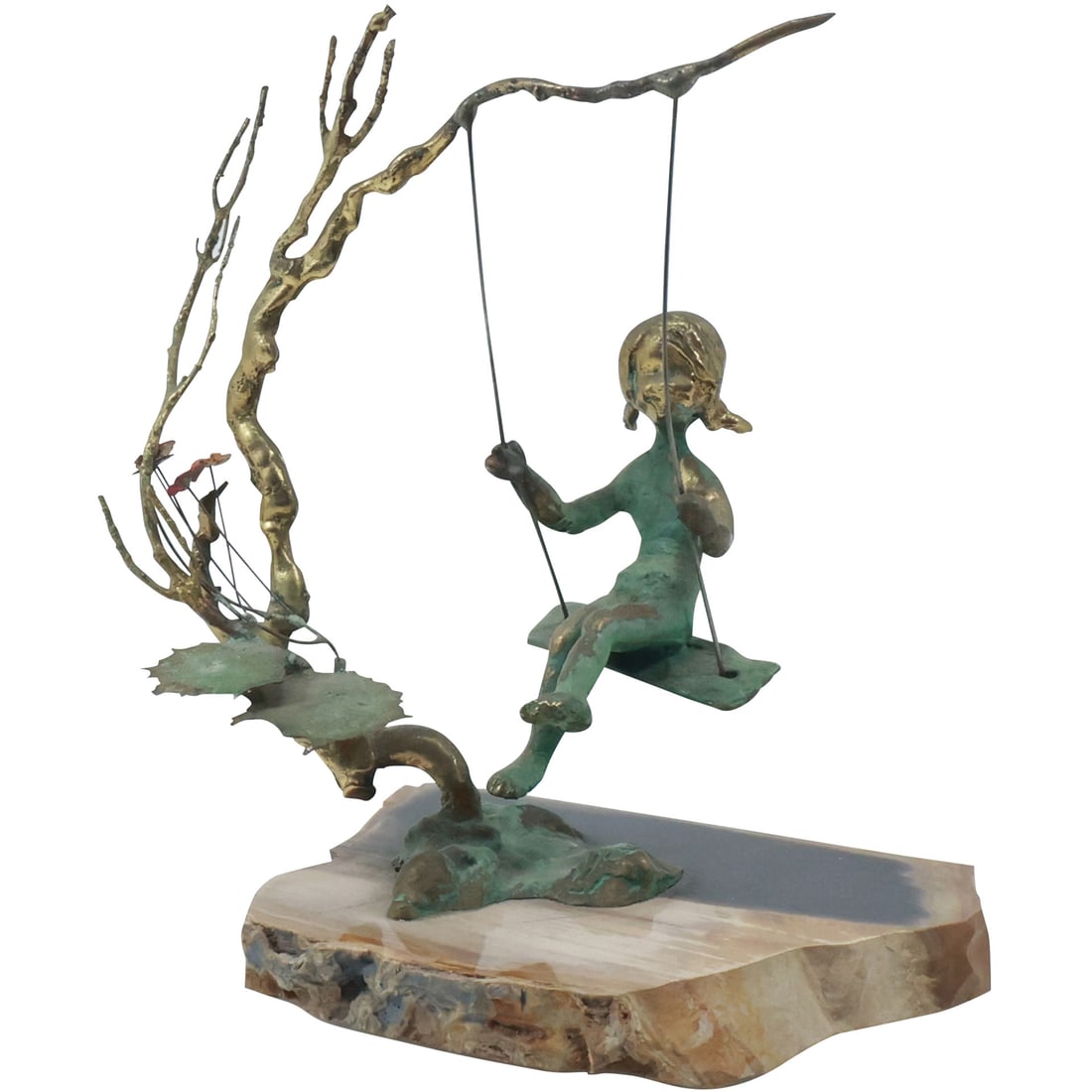 Mid-Century Modern Brass Sculpture Girl on a Tree Swing Mounted on Onyx Stone Base (1 of 20)