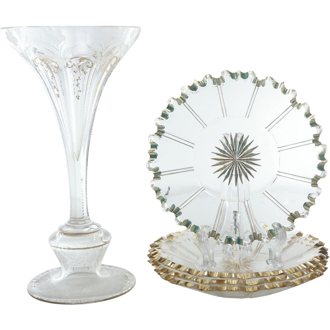 Quality Victorian Etched Glass Trumpet Vase and Set 4 Quality Cut Glass Dessert Plates, Gold Accents (1 of 20)