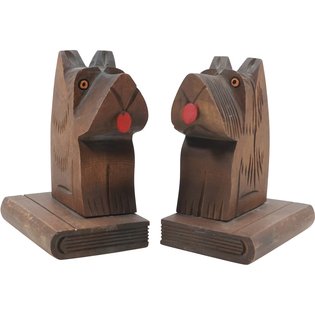 Vintage Carved Wooden Dog Head Bookends in Original Finish: Vintage Carved Wooden Dog Head Bookends in Original Finish. size: 6 in. x 4.75 in.