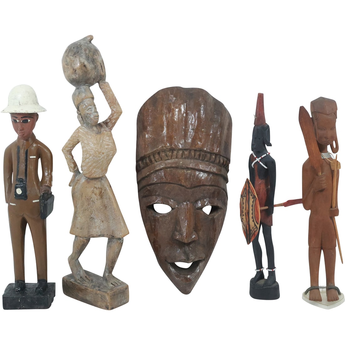 Grouping of 5 Assorted Carved Wooden African Figures, Statues, Ceremonial Mask (1 of 20)