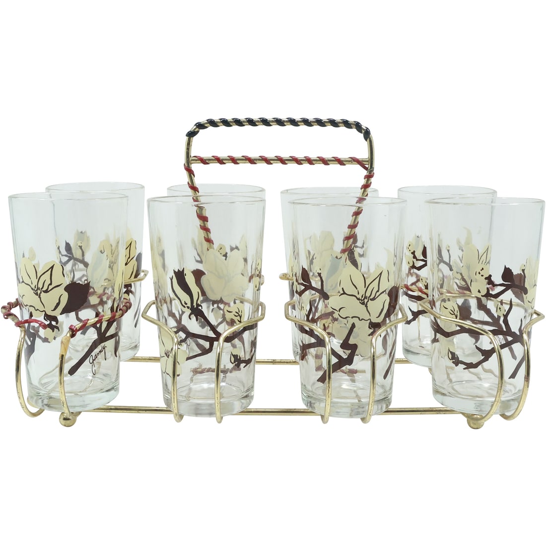 Set of 8 Vintage Jamey Magnolia Drinking Glasses with Original Metal Caddy Holder (1 of 20)
