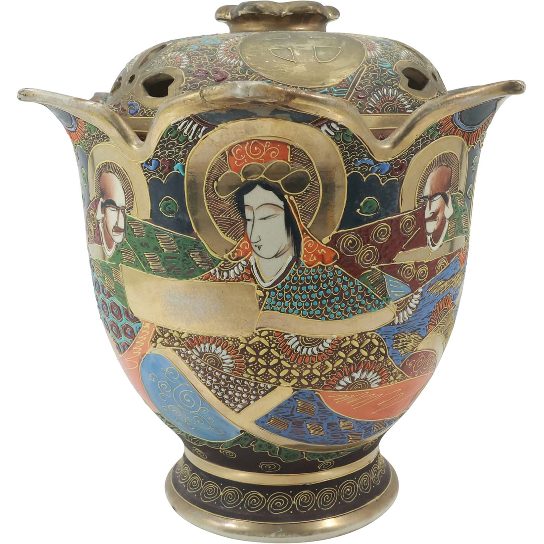 Large Vintage Japanese Satsuma Porcelain Moriage Incense Burner Potpourri Pot with Lid: Large Vintage Japanese Satsuma Porcelain Moriage Incense Burner Potpourri Pot with Lid. size: 13 in. height x 12.25 in. wide