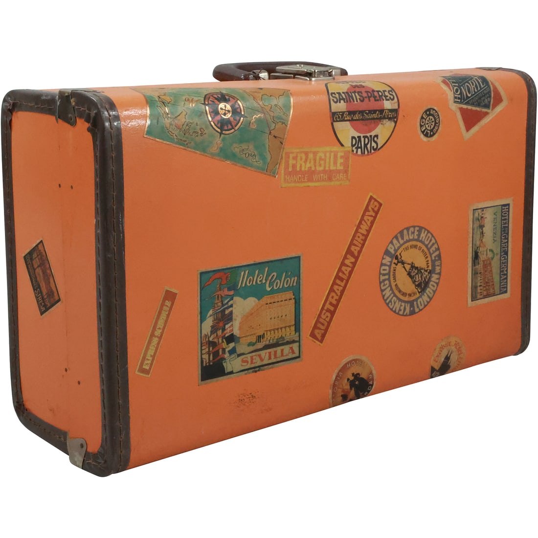 Decorative Orange Suitcase with Travel Stickers, size: 19.5 in. x 11.5 in. x 6.5 in.: Decorative Orange Suitcase with Travel Stickers. size: 19.5 in. x 11.5 in. x 6.5 in.