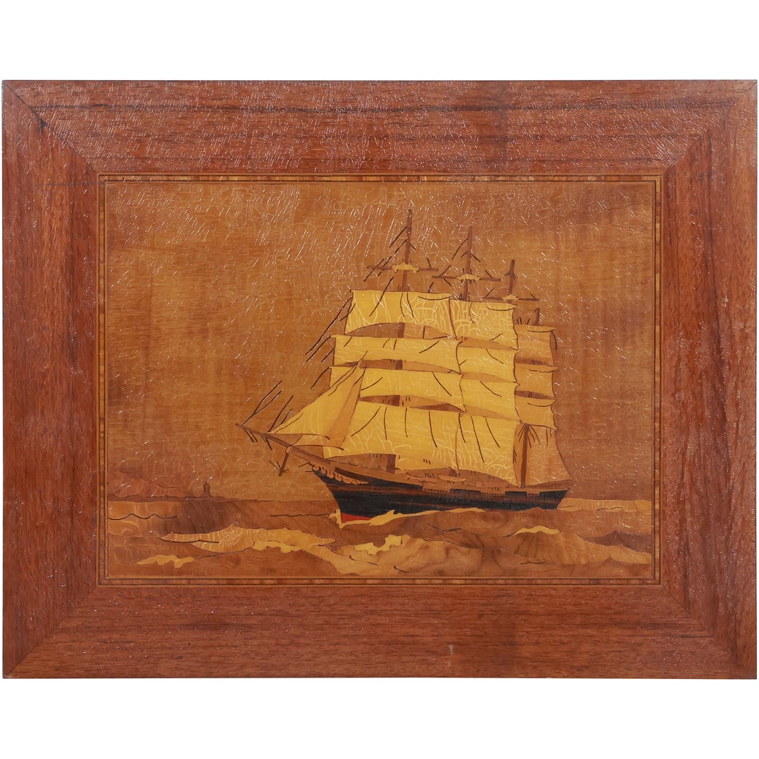 Inlaid Exotic Woods Plaque of a Full Sail Clipper Ship 14 in. x 11.25 in.: Inlaid Exotic Woods Plaque of a Full Sail Clipper Ship 14 in. x 11.25 in. size: 14x11.25