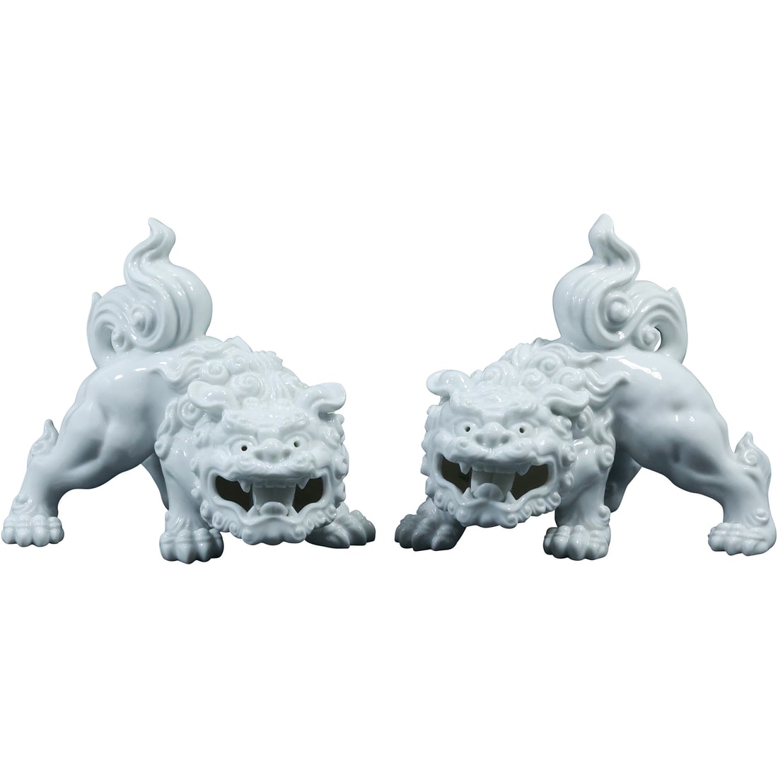 2 Fine White Porcelain Chinese Buddhist Lions Signed on Bases 6 in. height x 7 in. length: 2 Fine White Porcelain Chinese Buddhist Lions Signed on Bases 6 in. height x 7 in. length. size: 6x7