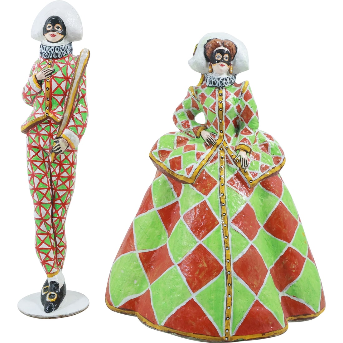 2 Paper Mache Figure Statues of Arlequine [artist signed on base]  & Mezzetino, (1 of 20)