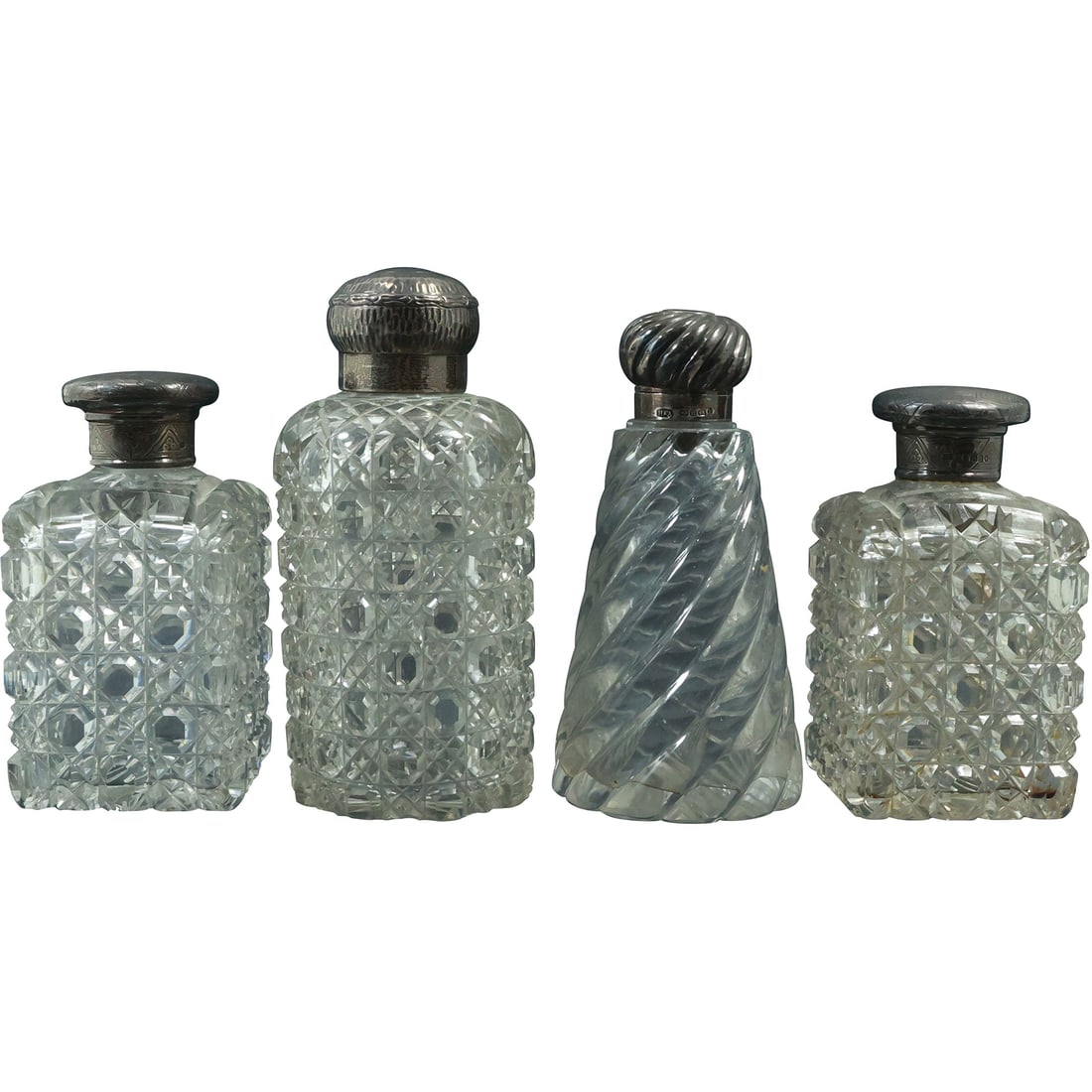 4 Assorted Cut Glass, Pressed Glass Silver Top Perfume Bottles, Assorted Sizes (1 of 19)