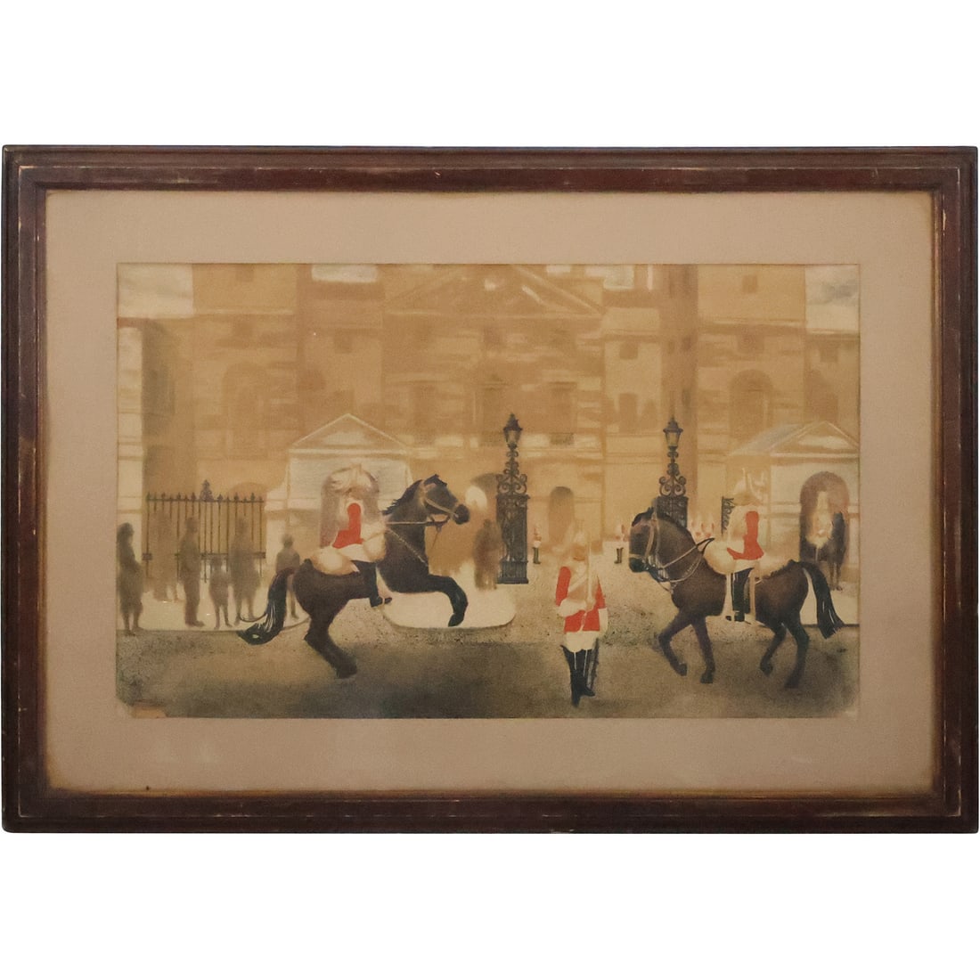 Vintage Color Lithograph Courtyard Scene with Guards and Horses, Framed (1 of 19)