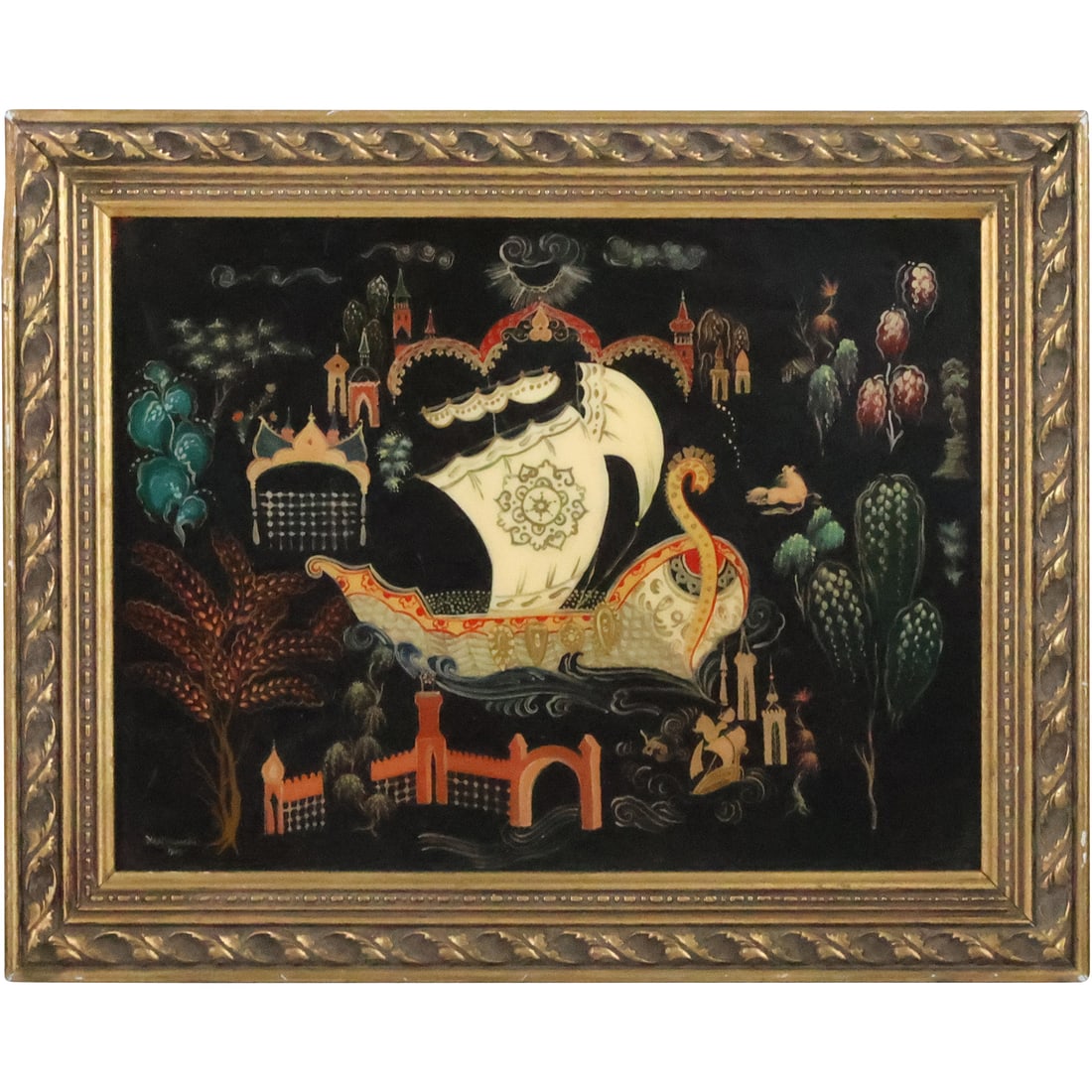 Russian Oil on Board Painting Galleon Ship in Landscape, Framed (1 of 20)