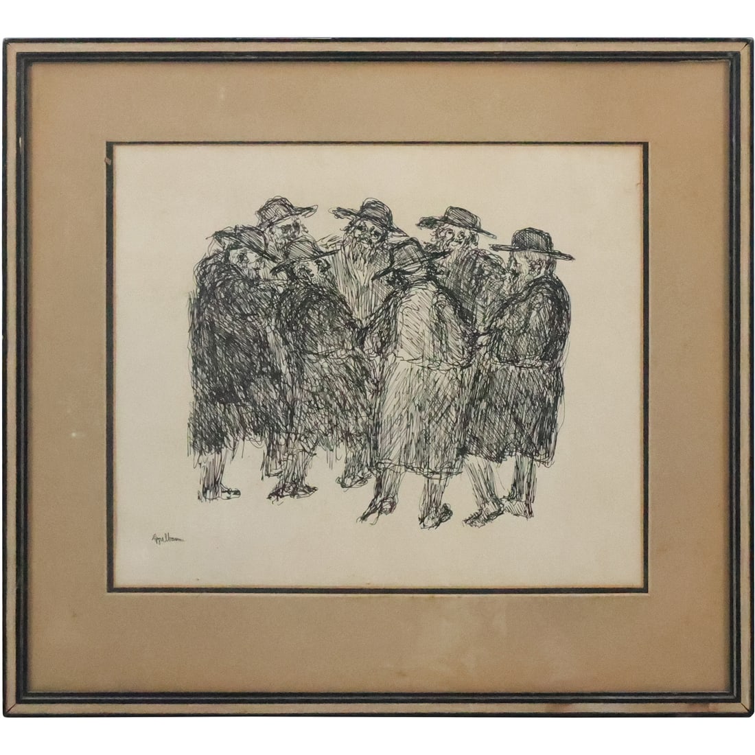 Appelbaum, Vintage Ink Drawing Gathering of Hasidic Jewish Men, Signed, Frame (1 of 19)