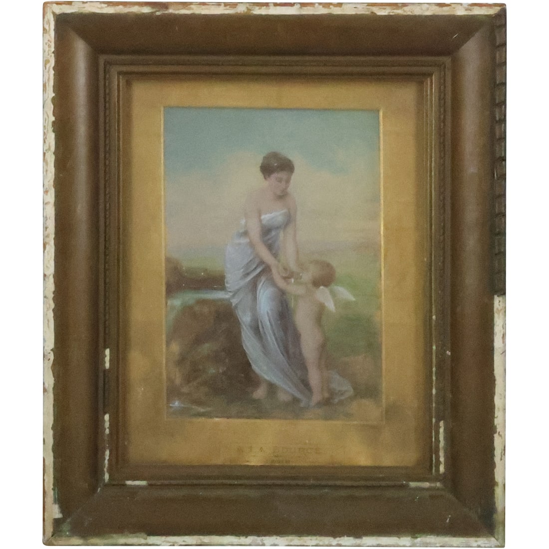 "A LA SOURCE" J Aubert, French Chromolithograph Woman at Sea with Winged Angel (1 of 18)