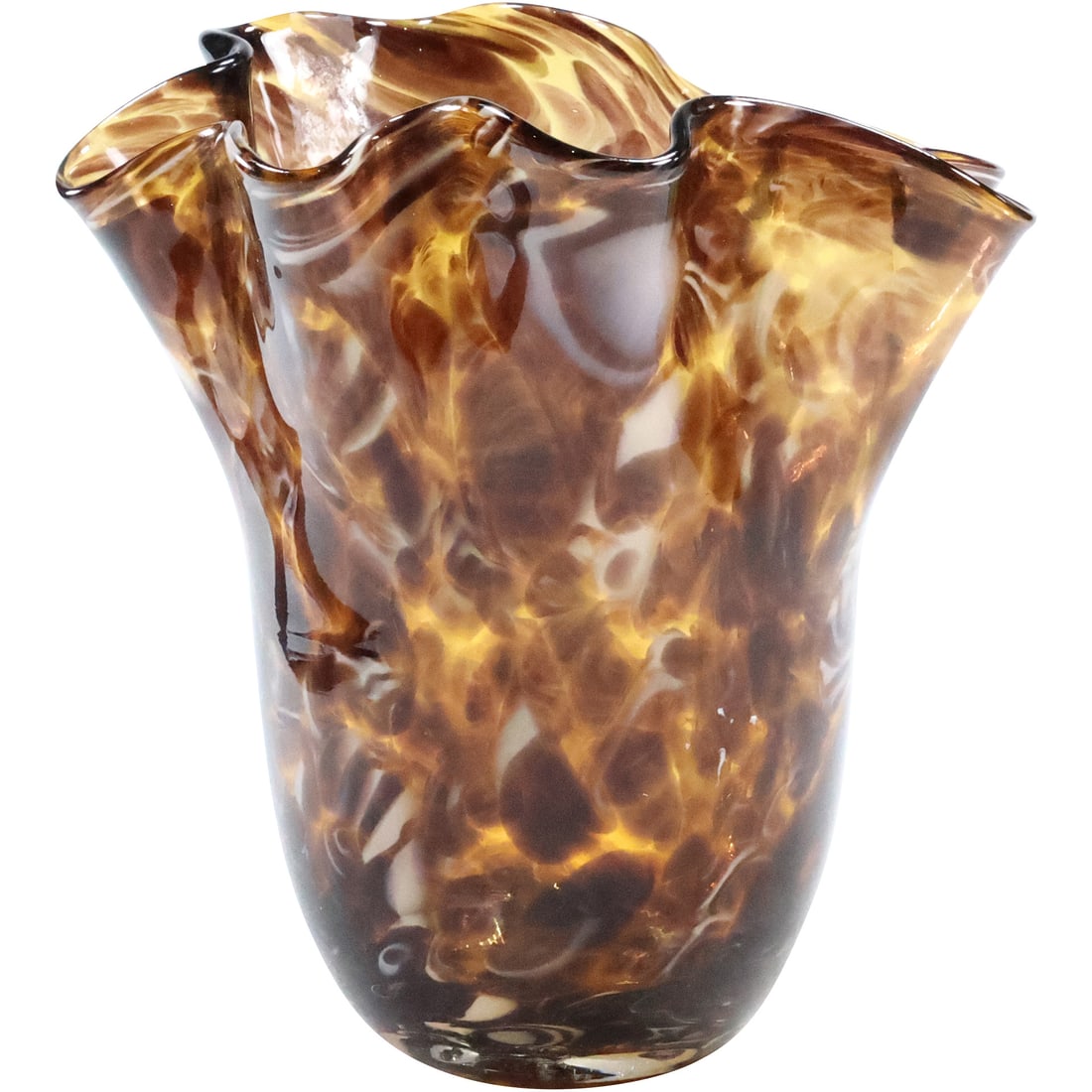 Mid-Century Modern Art Glass Vase in Tortoise Shell Colors Ruffled Top 8 in. x 7.75 in. (1 of 20)