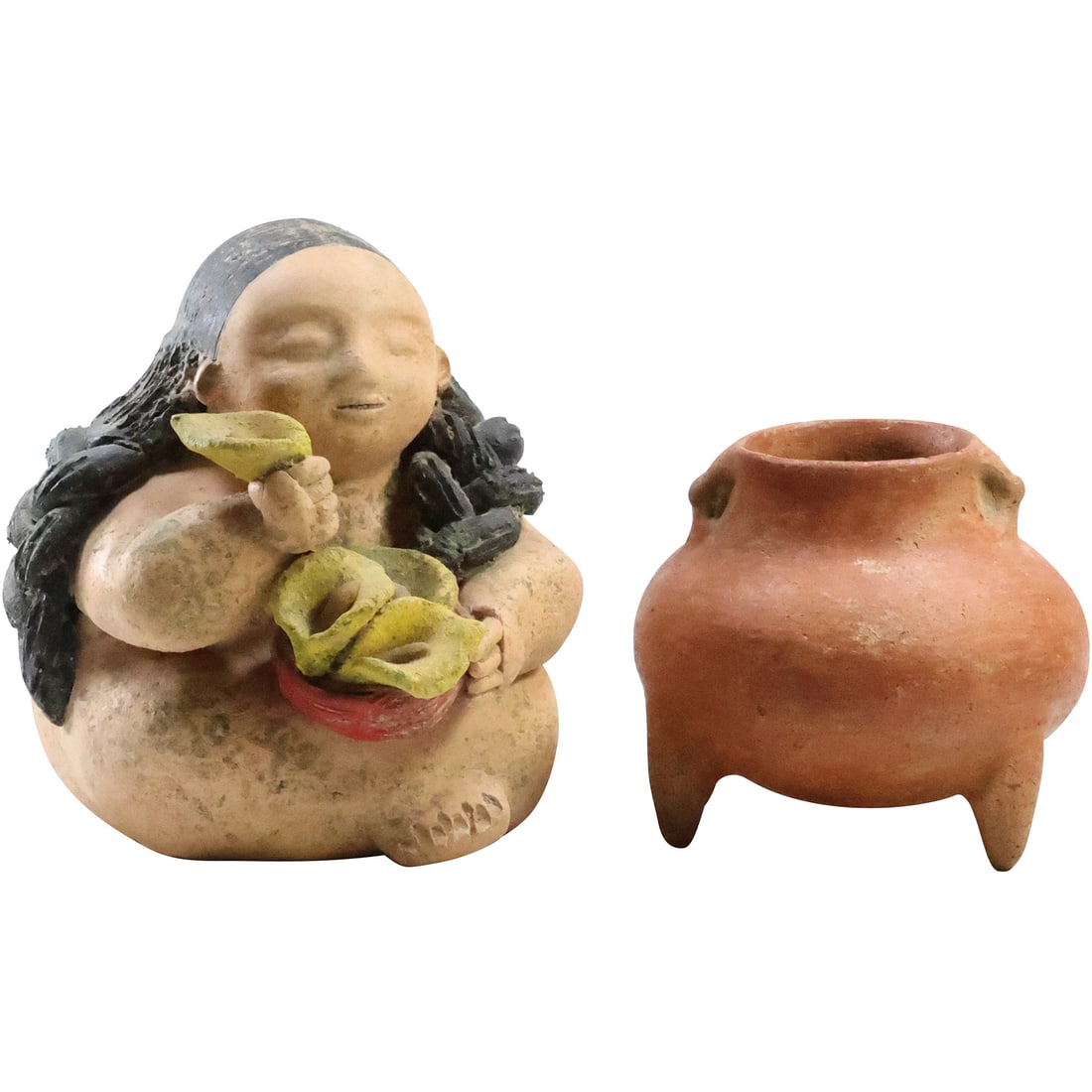 [2] Latin American Clay Pottery Woman Figure and Footed Clay Pottery Pot (1 of 20)