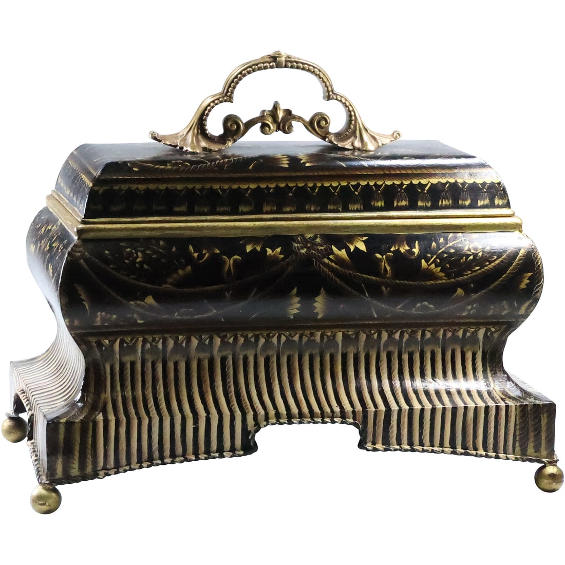 attributed to Maitland Smith Tin Toleware Decorative Box on Feet with Gold Accent Decoration (1 of 20)