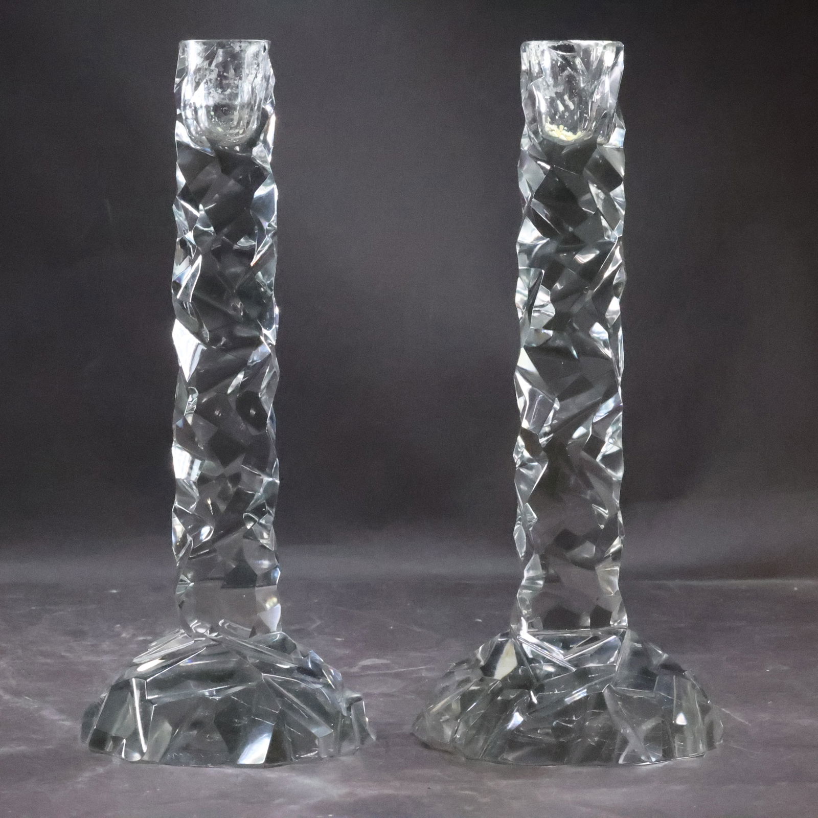 Pair Tall Cubism Crystal Glass Candlesticks 12 inches height x 5 in. wide at base (1 of 20)