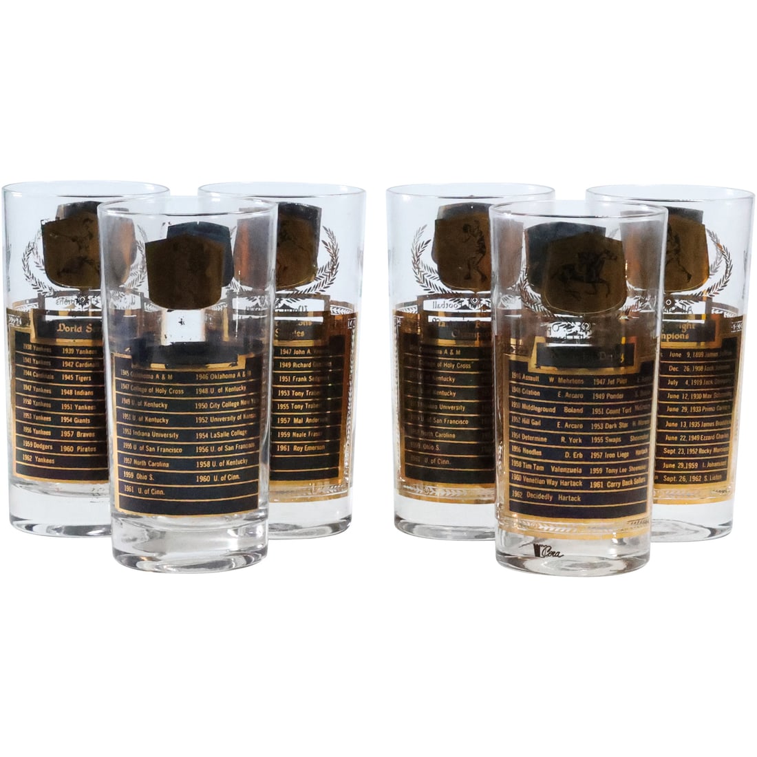 Set 6 Barware Glasses of Sports Greats each different sports Baseball, Football, Basketball, Etc: Set 6 Barware Glasses of Sports Greats each different sports Baseball, Football, Basketball, Etc. size: 5.75 x 2.75 - some worn spots of gold See Pics