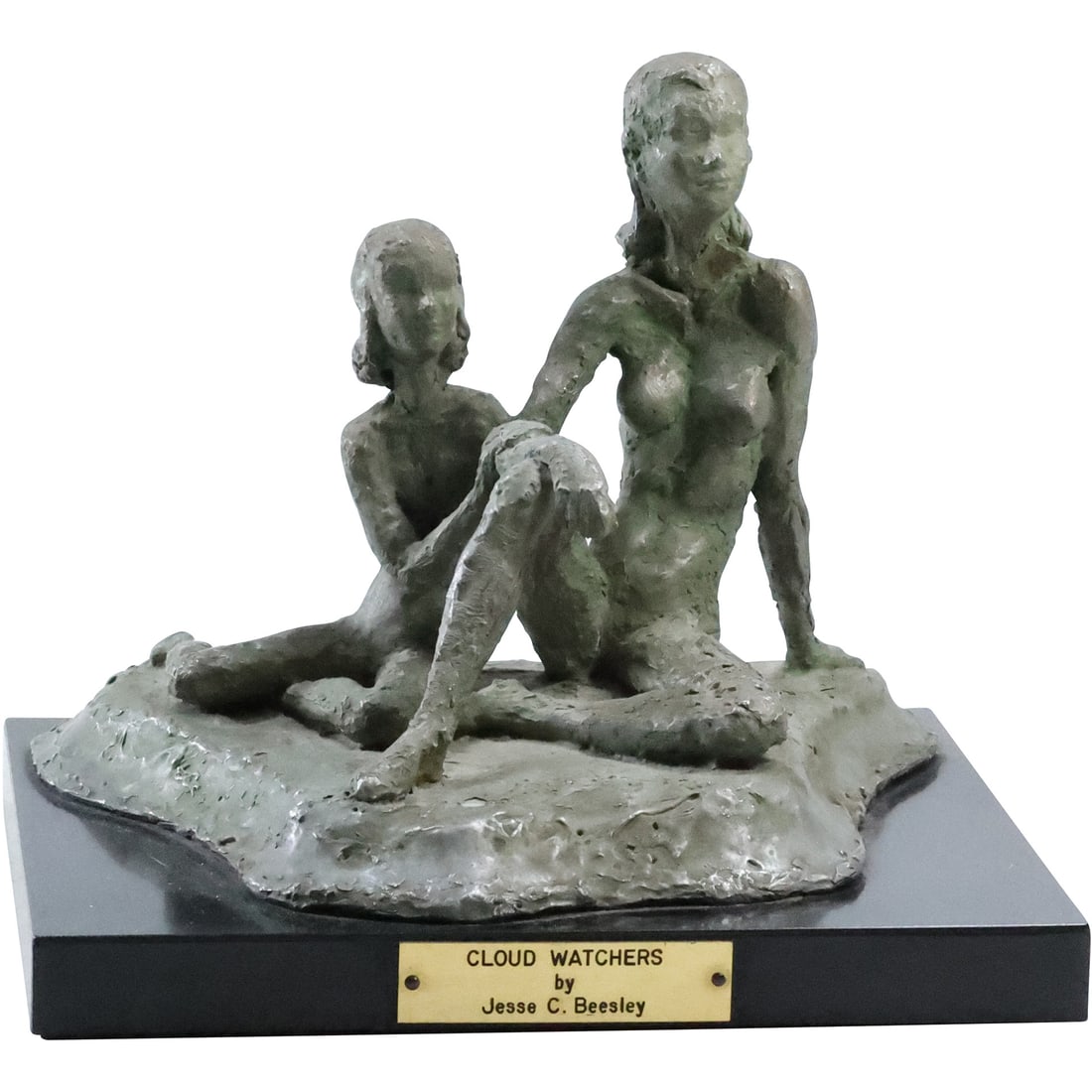 Jesse C. Beesley [1901-1980 American) Bronze Grouping 2 Nude Women "Cloud Watchers": Jesse C. Beesley [1901-1980 American) Bronze Grouping 2 Nude Women "Cloud Watchers". Signed, Mounted on a Base with Plaque. size: 8.5 in. x 9.5 in. x 8.5 in.