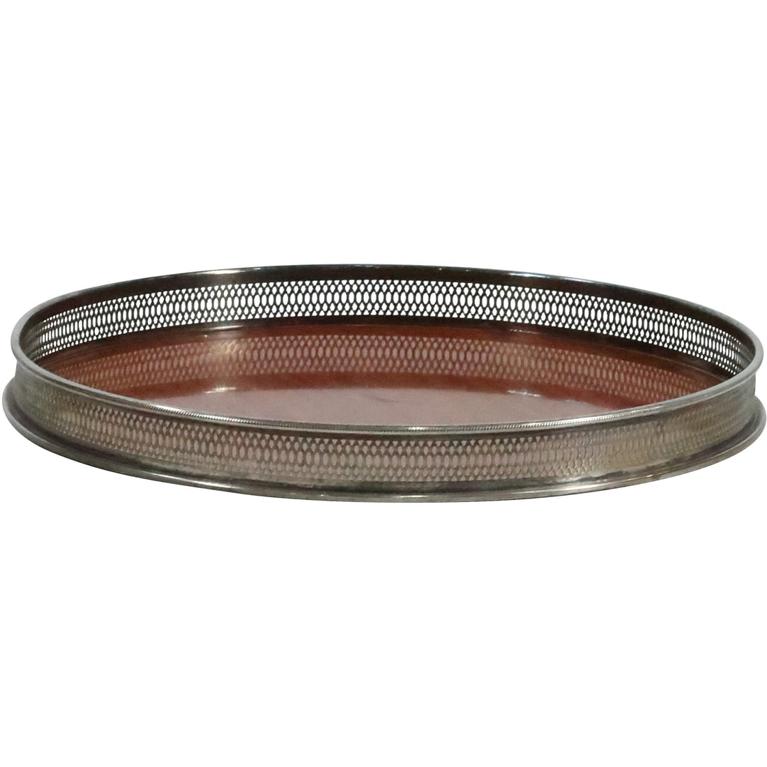 Formal Regency Round Mahogany Serving Tray with Silver Plate Metal Gallery Rim 14.5 in. dia. (1 of 20)