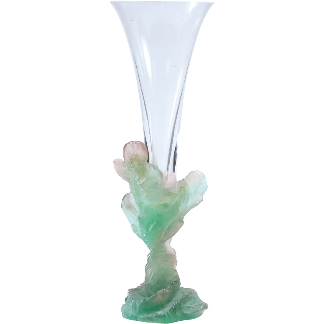 Signed Daum France, Pate de Verre Green Glass Base Vase with Clear Top [as is] 13.5 in. height (1 of 20)