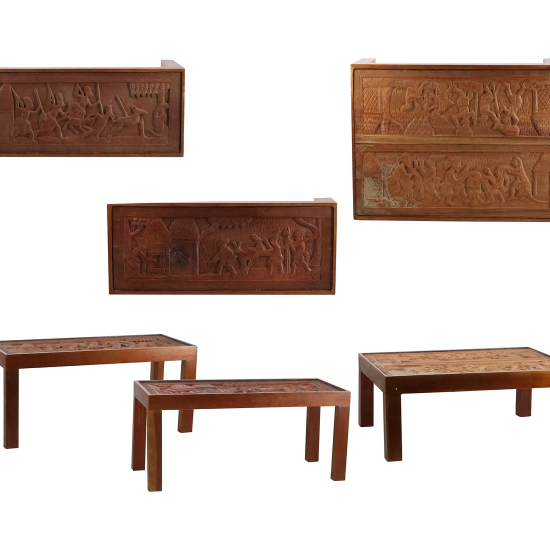 3 Wooden Tables with Hand Carved African Scenic Tops: Huts, Figures with Spears, Animals (1 of 20)