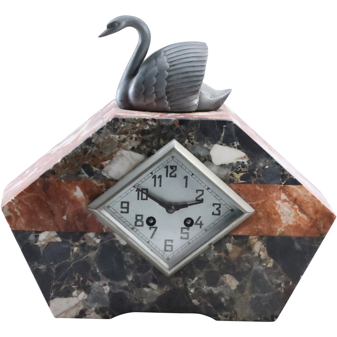 Circa 1920s Japy Feres Art Deco Colored Marble Mantle Clock with Metal Swan Top (1 of 20)