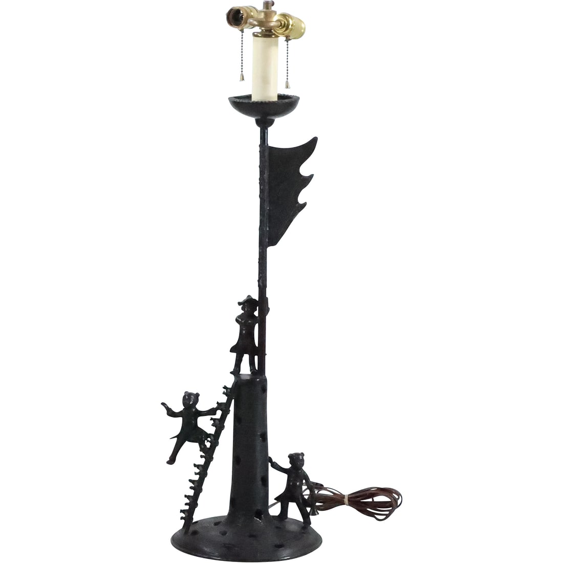 Antique Asian Oriental Bronze Table Lamp Children Climbing Ladder to Flag Tower 32.5 in. height (1 of 20)