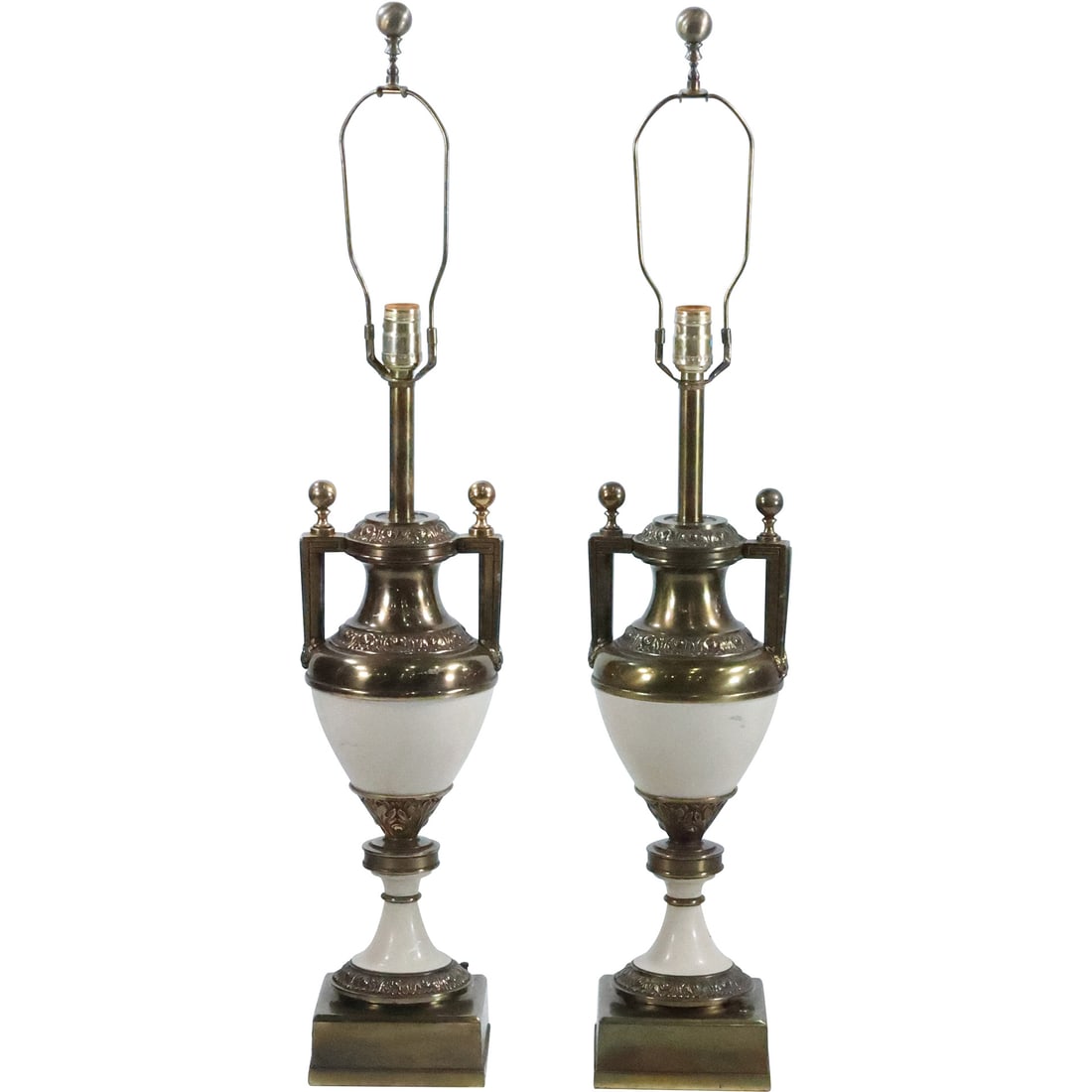 Pair Vintage Stiffel Brass and White Enamel Neoclassical Urn Table Lamps 37 in. height (1 of 20)